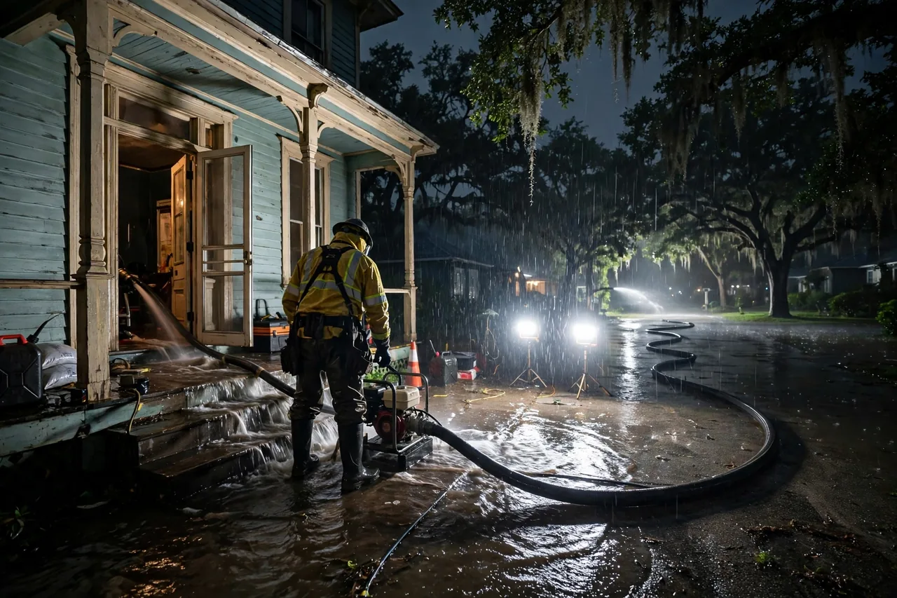 Emergency Flood Water Cleanup Bartow, FL — pro pumping rising flood water out of a home at night