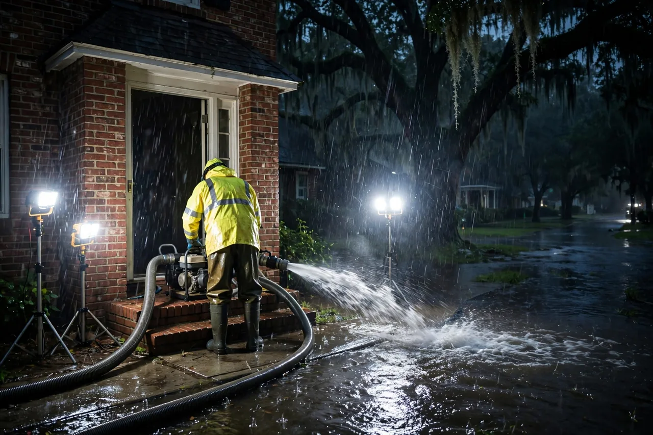 Emergency Flood Water Cleanup Baton Rouge, LA — pro pumping rising flood water out of a capital home at night