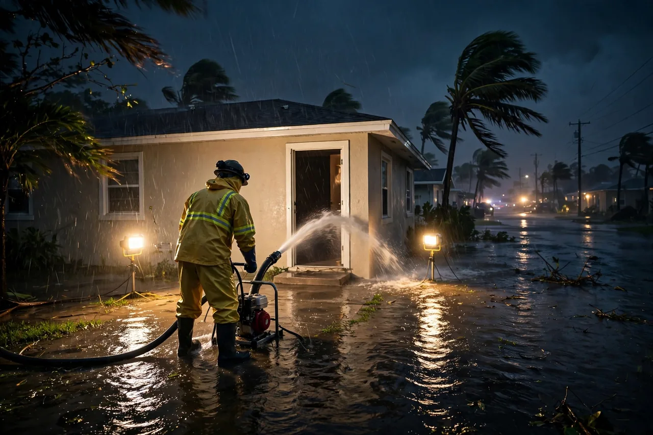 Emergency Flood Water Cleanup Bay Pines, FL — pro pumping rising flood water out of a home at night
