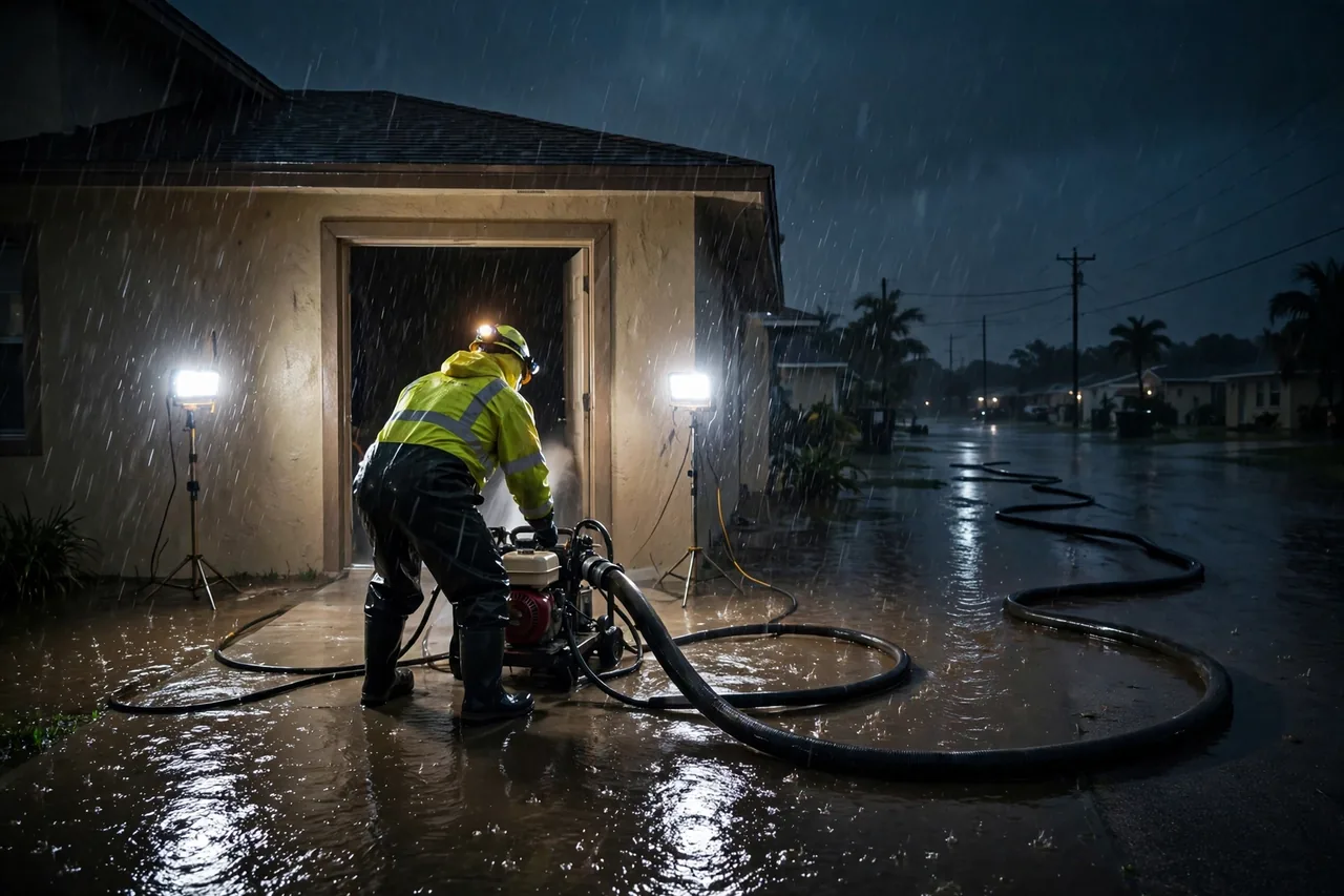Emergency Flood Water Cleanup Belle Glade, FL — pro pumping rising flood water out of a home at night