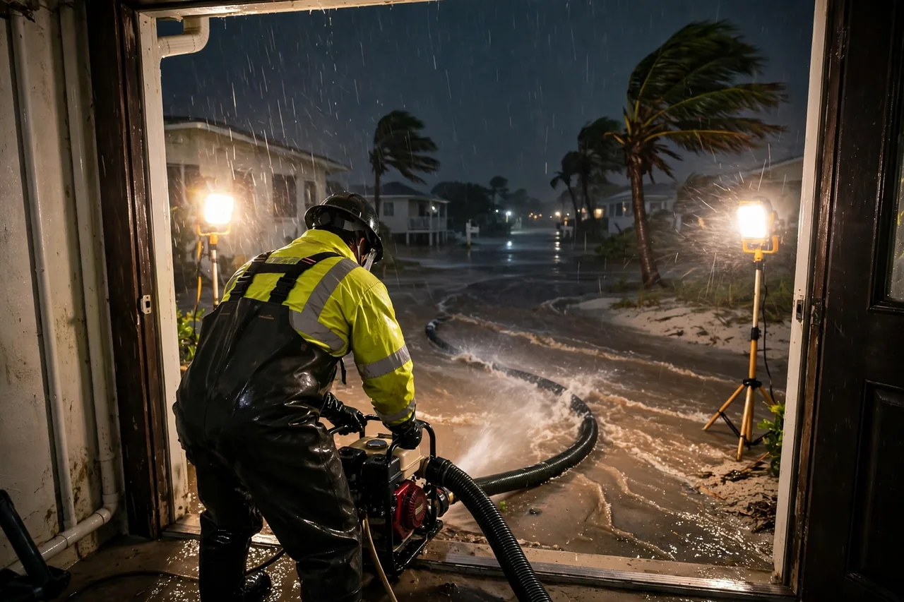 Emergency Flood Water Cleanup Belleair Beach, FL — pro pumping rising flood water out of a home at night