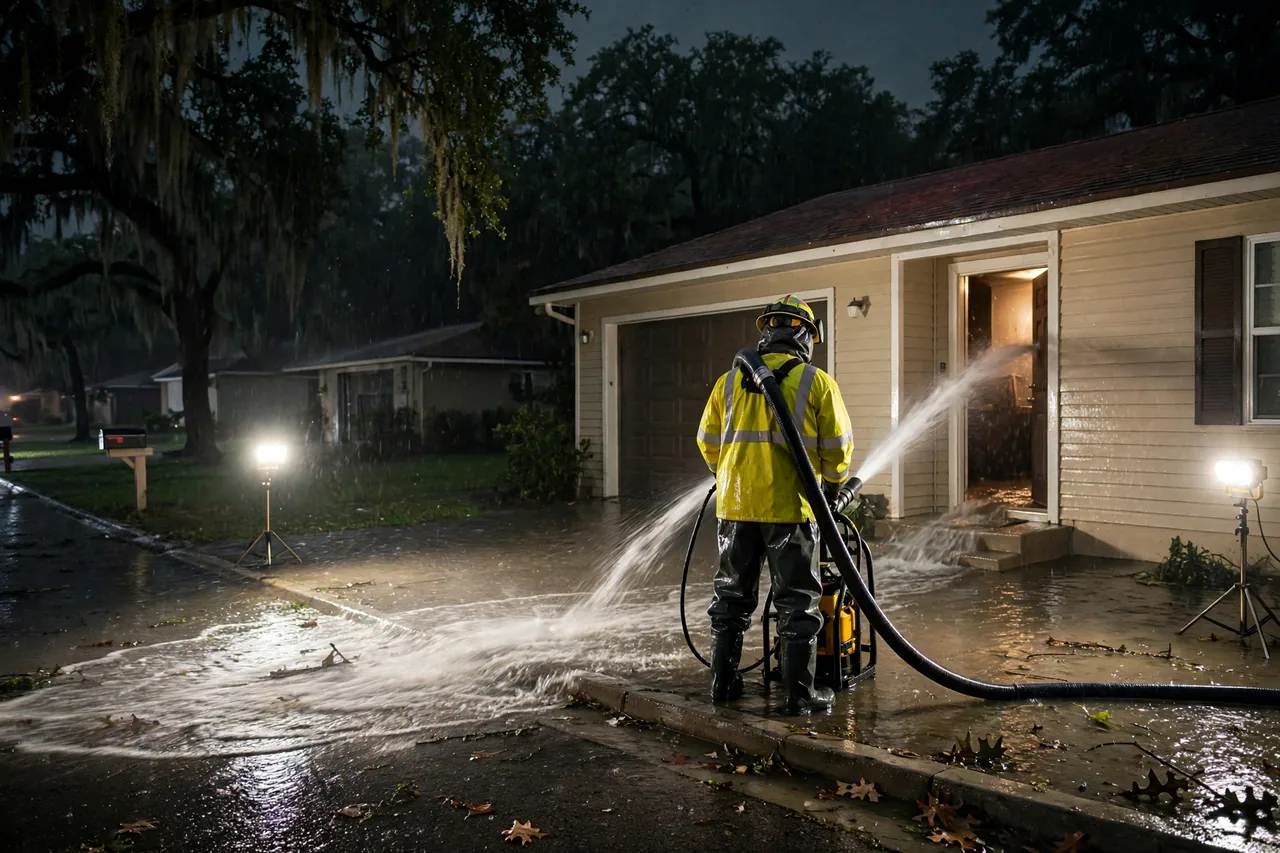 Emergency Flood Water Cleanup Beverly Hills, FL — pro pumping flood water from a home during a night storm