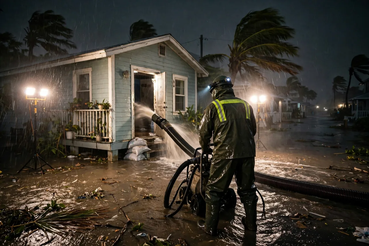 Emergency Flood Water Cleanup Boca Grande, FL — pro pumping flood water out of a coastal home at night