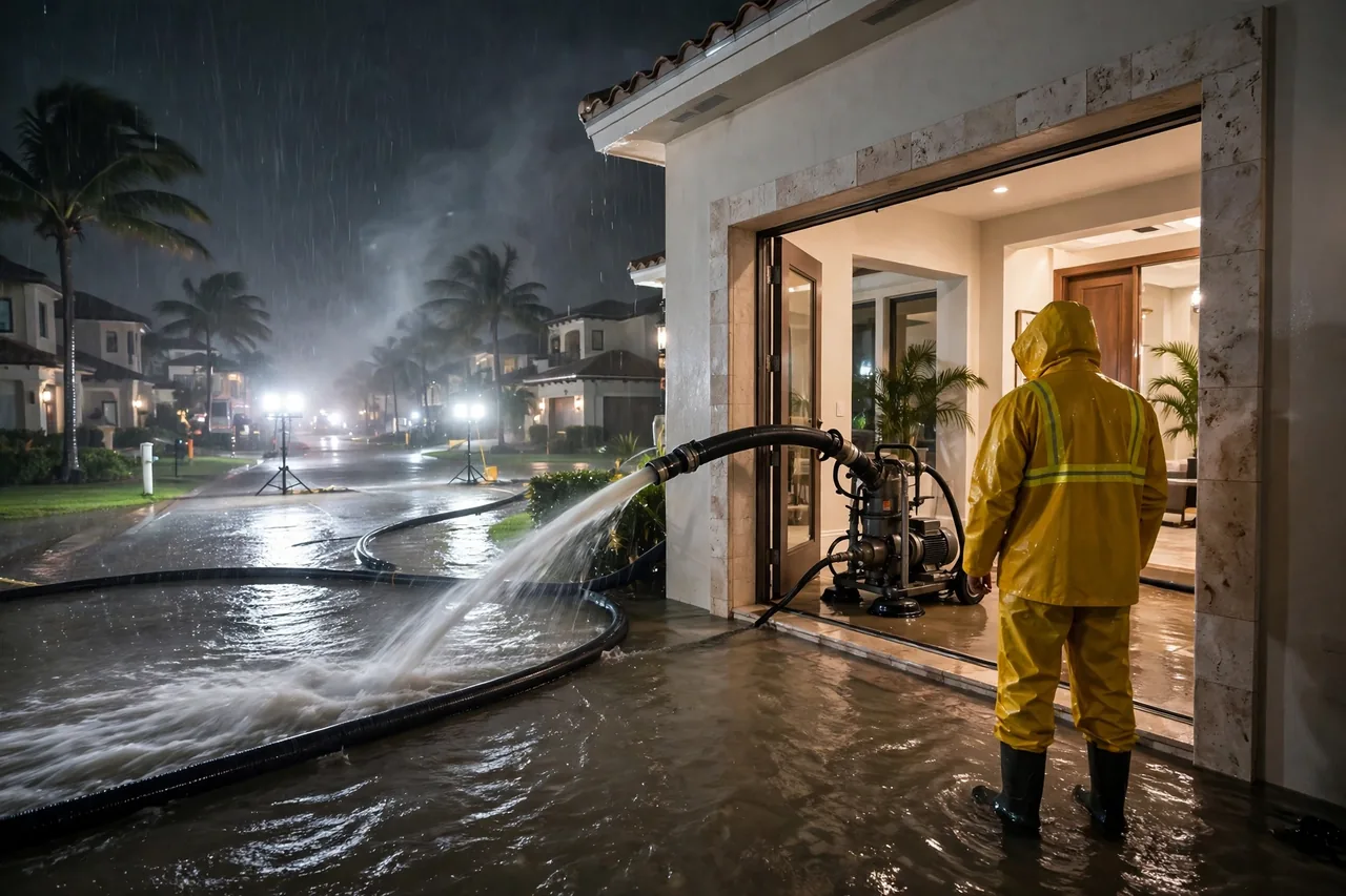 Emergency Flood Water Cleanup Boca Raton, FL — pro extracting rising flood water from a home at night