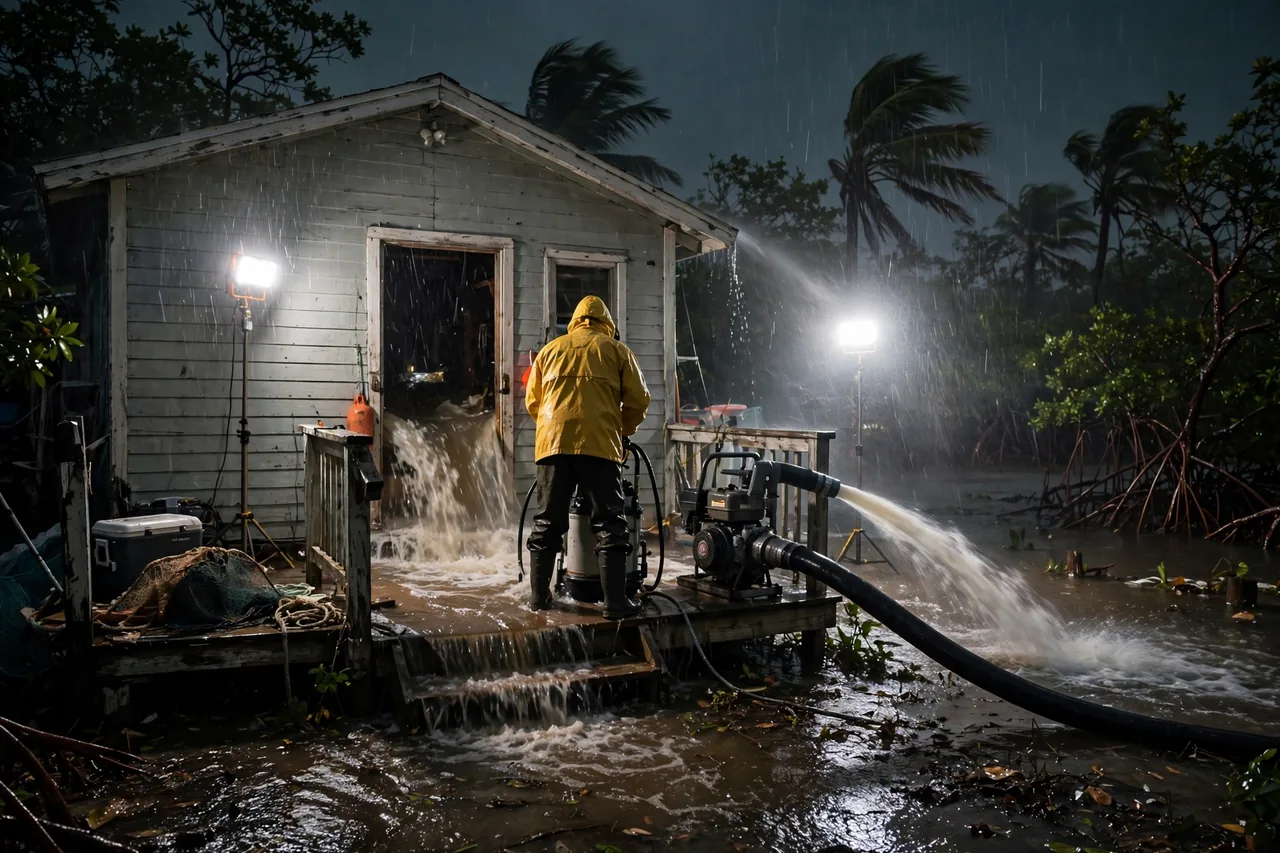 Emergency Flood Water Cleanup Bokeelia, FL — pro pumping storm water out of a Pine Island home at night