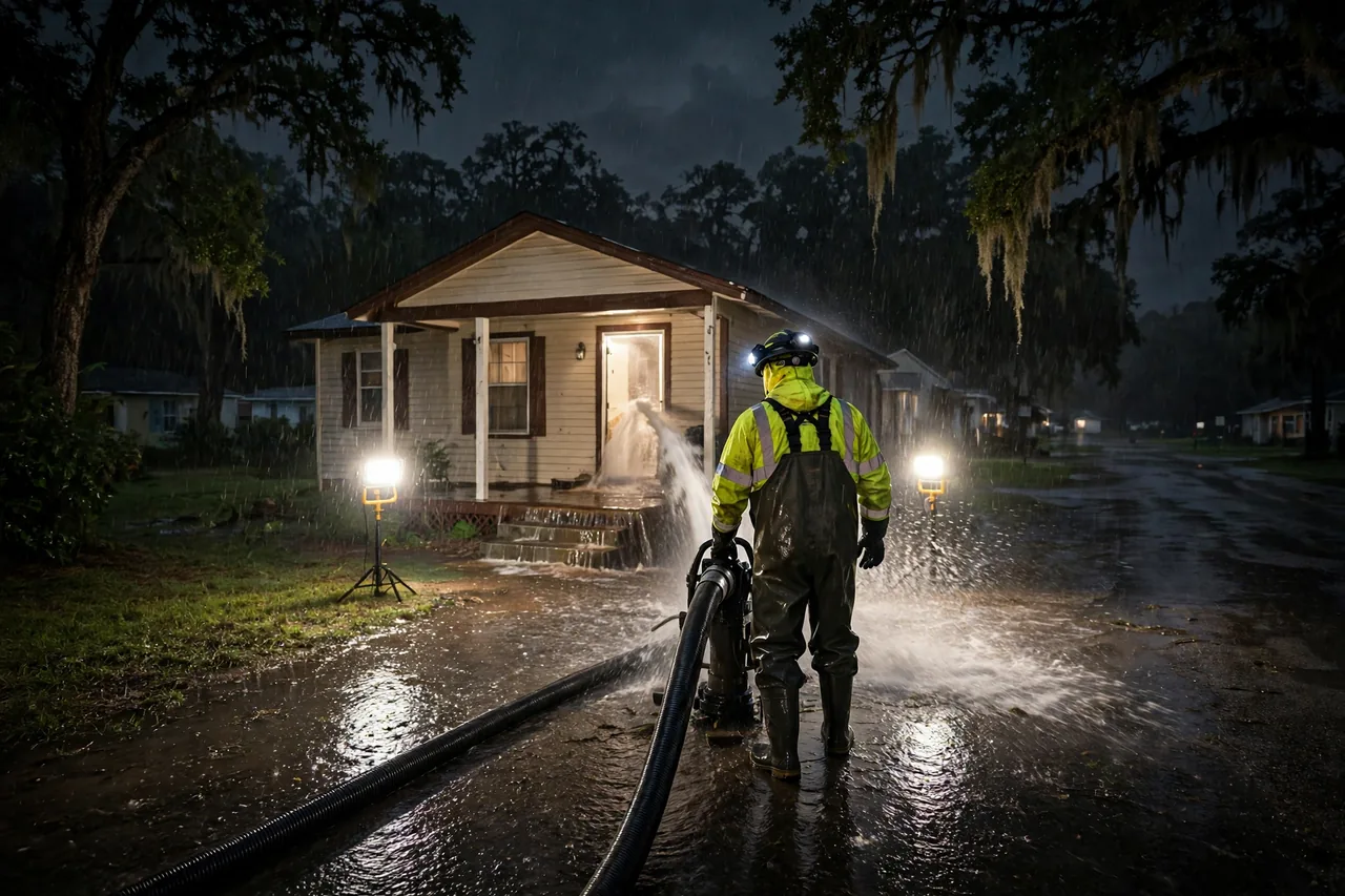 Emergency Flood Water Cleanup Bonifay, FL — pro pumping flood water out of a home at night