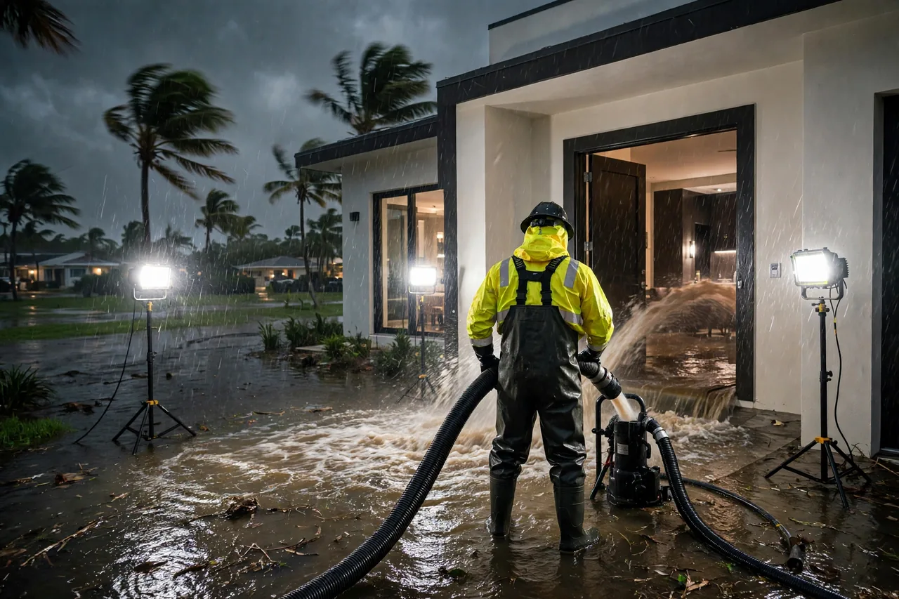 Emergency Flood Water Cleanup Bonita Springs, FL — pro pumping storm water out of a home at night