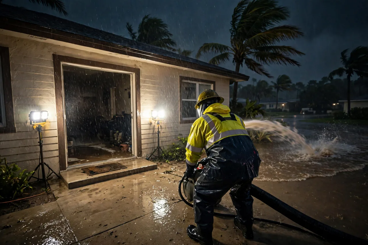 Emergency Flood Water Cleanup Boynton Beach, FL — pro extracting rising flood water from a home after dark