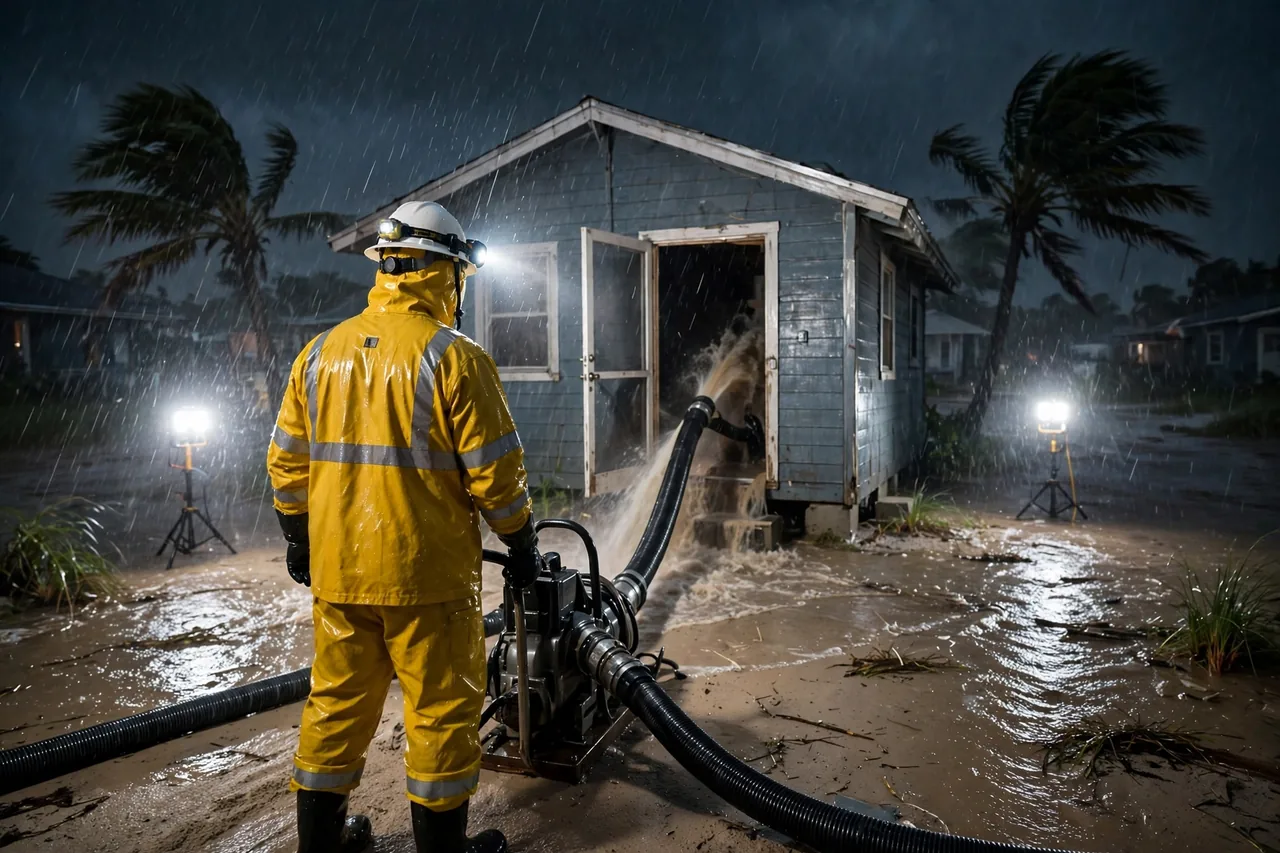 Emergency Flood Water Cleanup Bradenton Beach, FL — pro pumping surge water from an island home at night