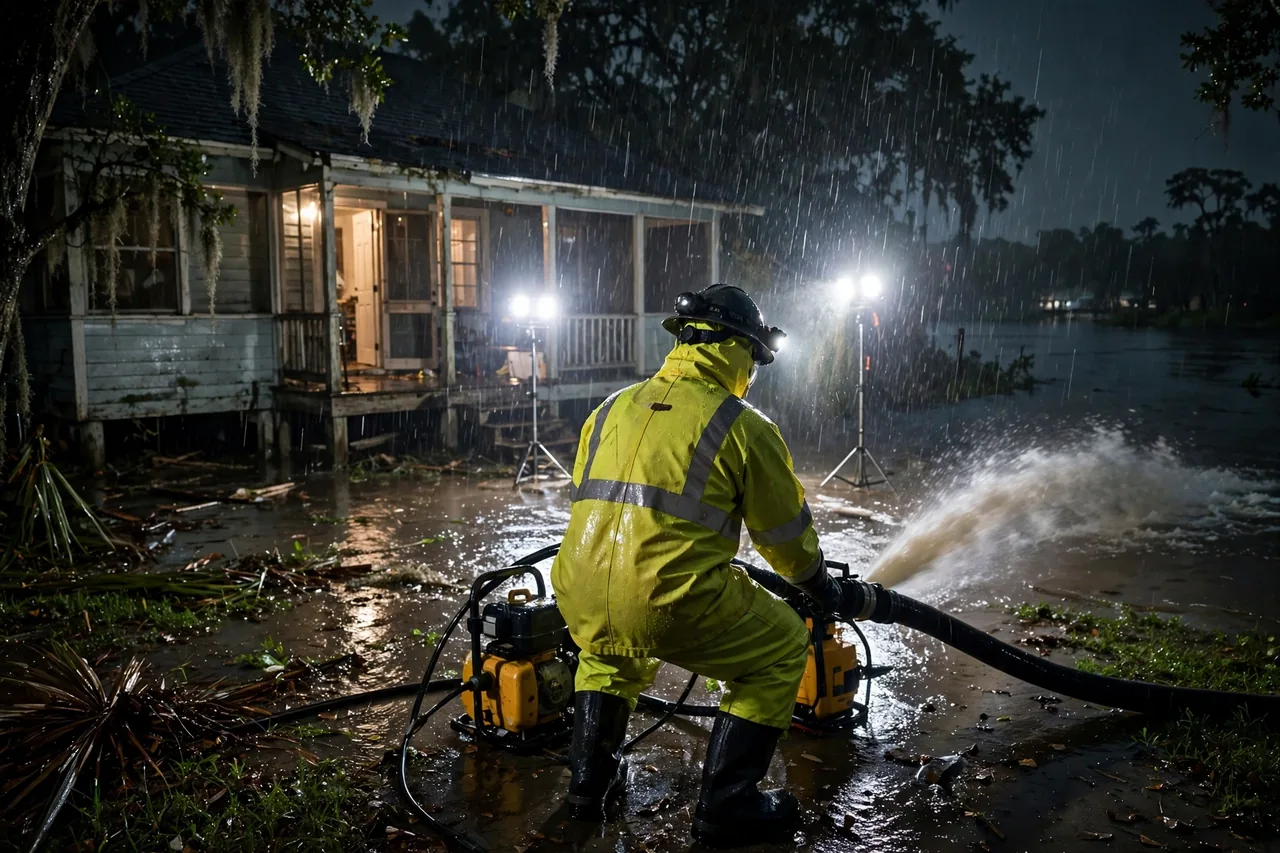 Emergency Flood Water Cleanup Bradenton, FL — pro pumping flood water from a home at night
