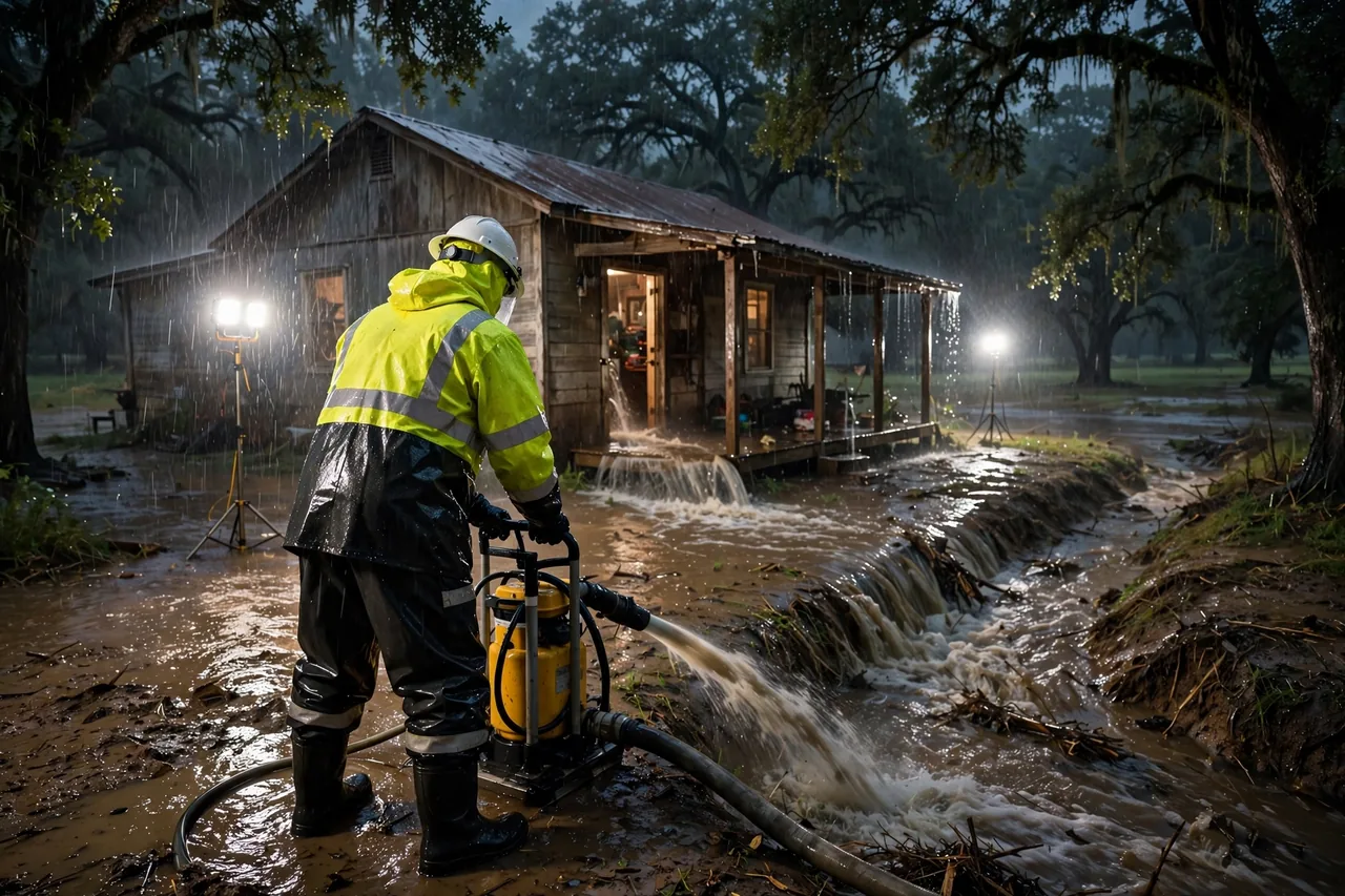 Emergency Flood Water Cleanup Bradley, FL — pro pumping rising flood water out of a home at night