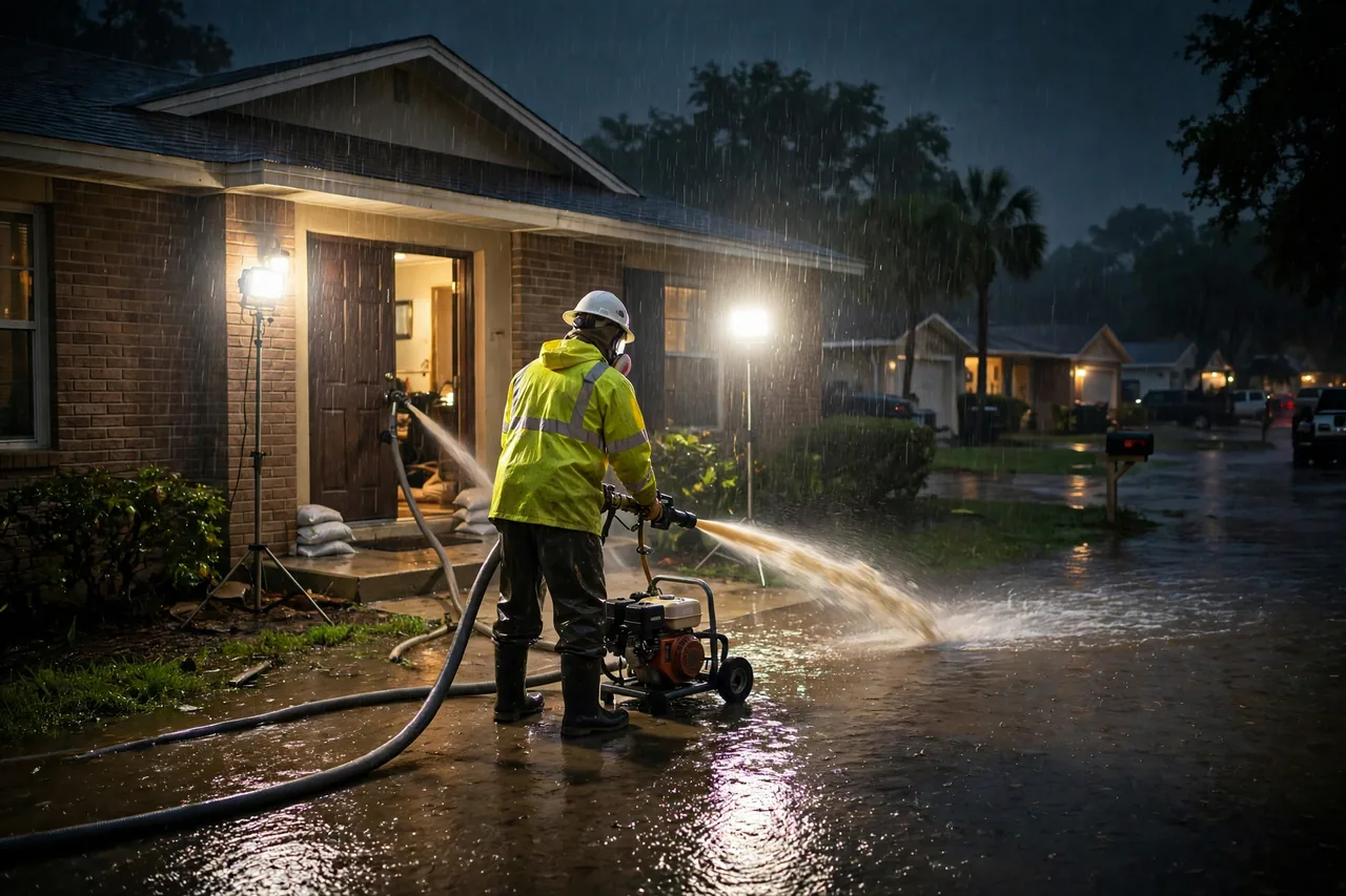Emergency Flood Water Cleanup Brandon, FL — pro pumping rising flood water out of a home at night
