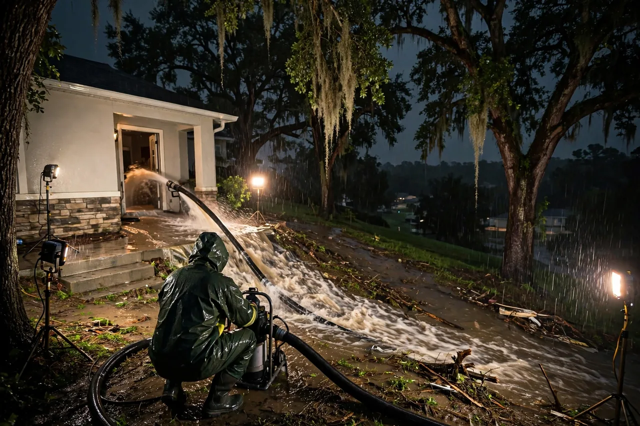 Emergency Flood Water Cleanup Brooksville, FL — pro pumping rising flood water out of a home at night