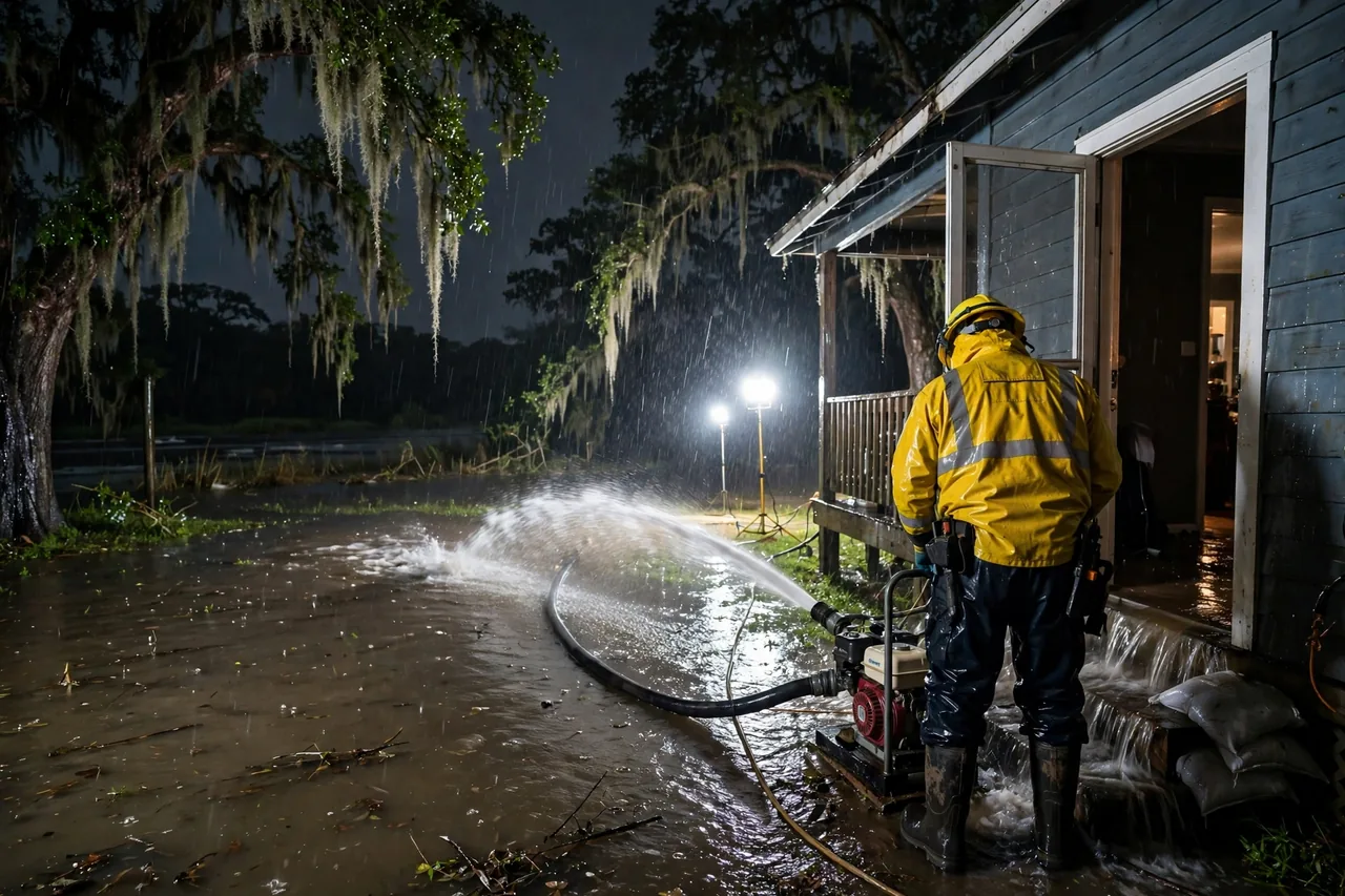 Emergency Flood Water Cleanup Brusly, LA — pro pumping flood water out of a river-side home at night