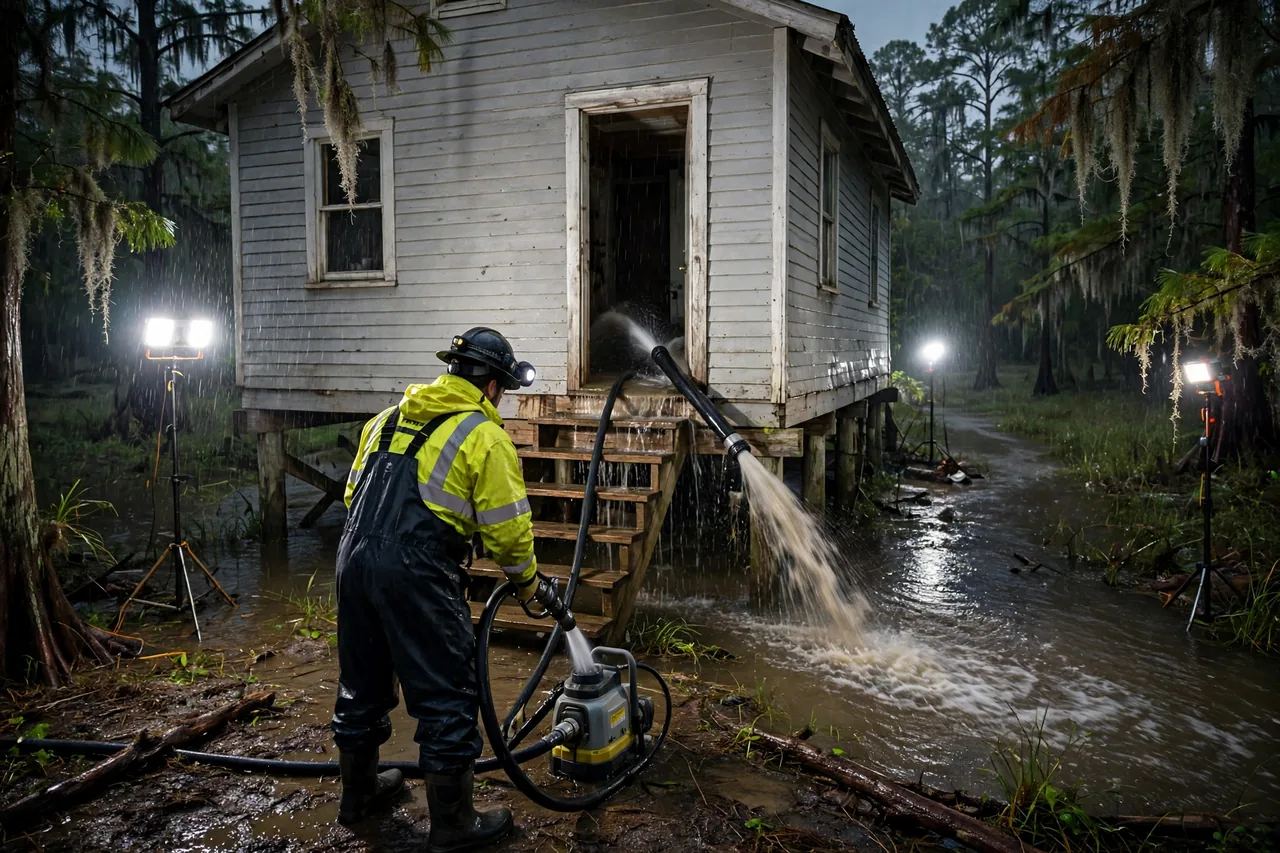 Emergency Flood Water Cleanup Bush, LA — pro pumping rising flood water out of a home at night