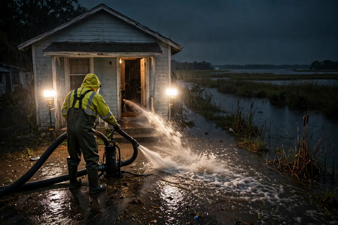 Emergency Flood Water Cleanup Canal Point, FL — pro pumping rising flood water out of a home at night