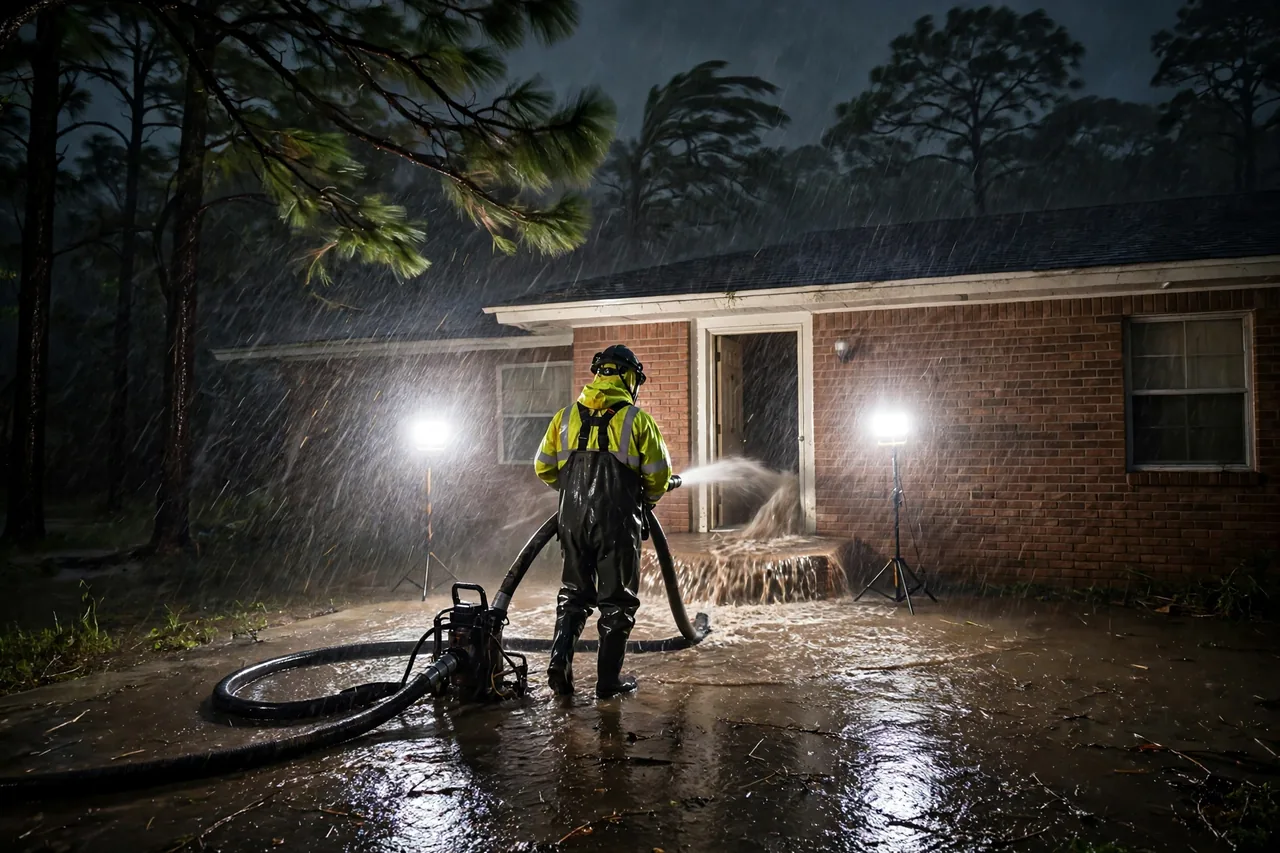 Emergency Flood Water Cleanup Cantonment, FL — pro pumping rising flood water out of a home at night