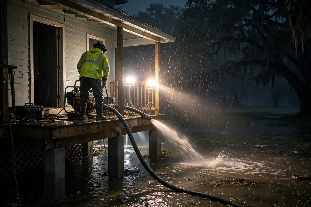 Emergency Flood Water Cleanup Carville, LA — pro pumping rising flood water out of a home at night