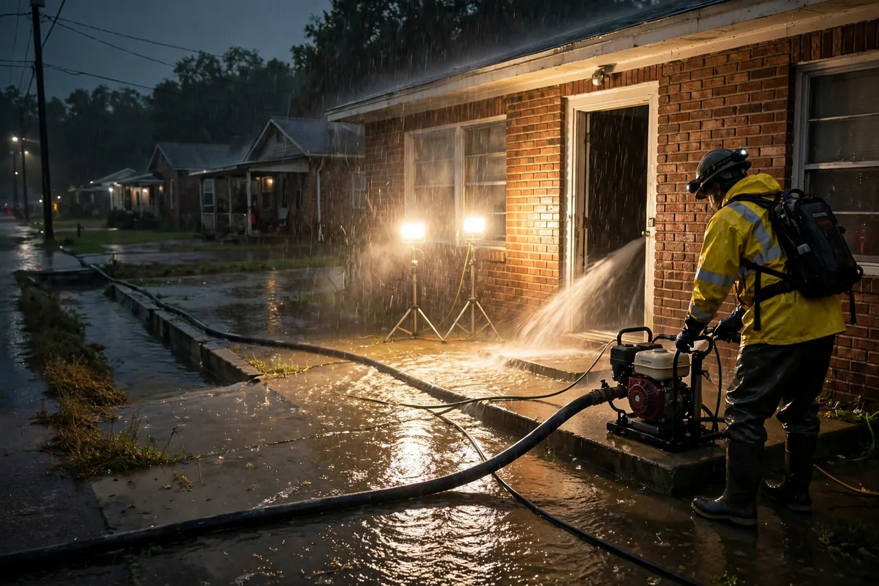 Emergency Flood Water Cleanup Chalmette, LA — pro pumping rising flood water out of a home at night