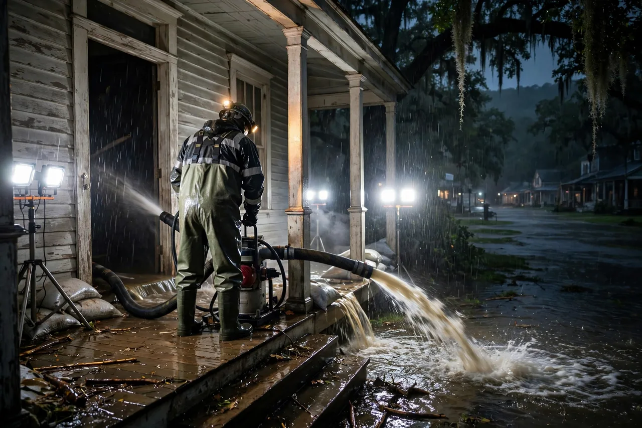 Emergency Flood Water Cleanup Clinton, LA — pro pumping rising flood water out of a home at night