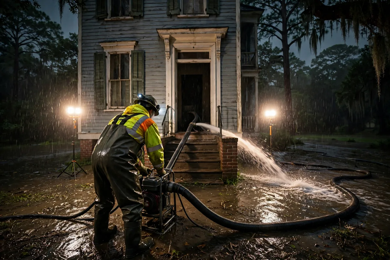 Emergency Flood Water Cleanup Covington, LA — pro pumping rising flood water out of a home at night