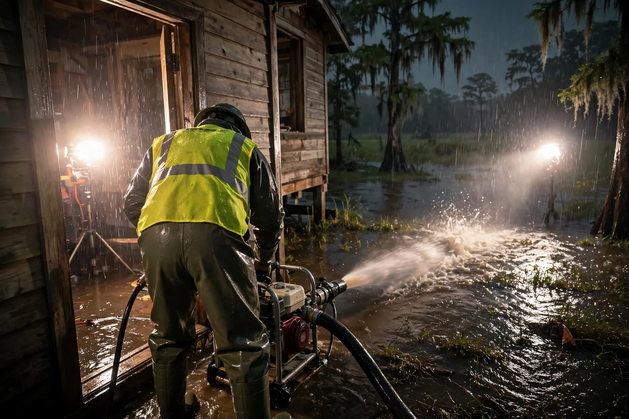 Emergency Flood Water Cleanup Darrow, LA — pro pumping rising flood water out of a home at night
