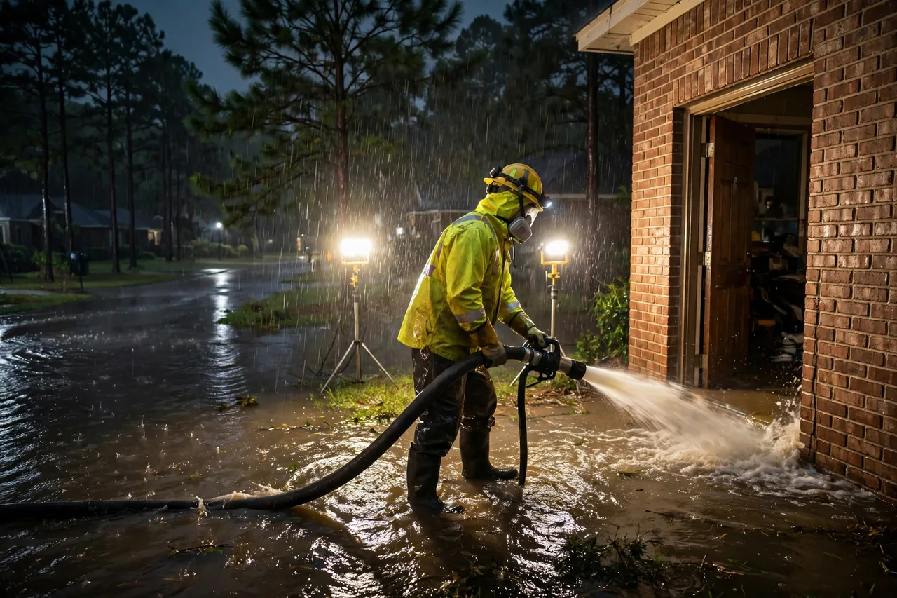 Emergency Flood Water Cleanup Denham Springs, LA — pro pumping rising flood water out of a home at night