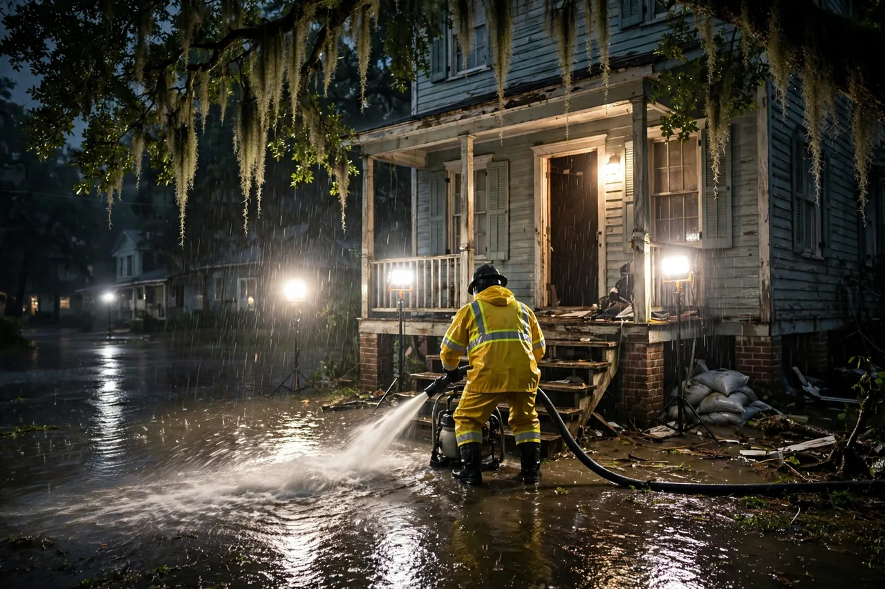 Emergency Flood Water Cleanup Donaldsonville, LA — pro pumping rising flood water out of a home at night