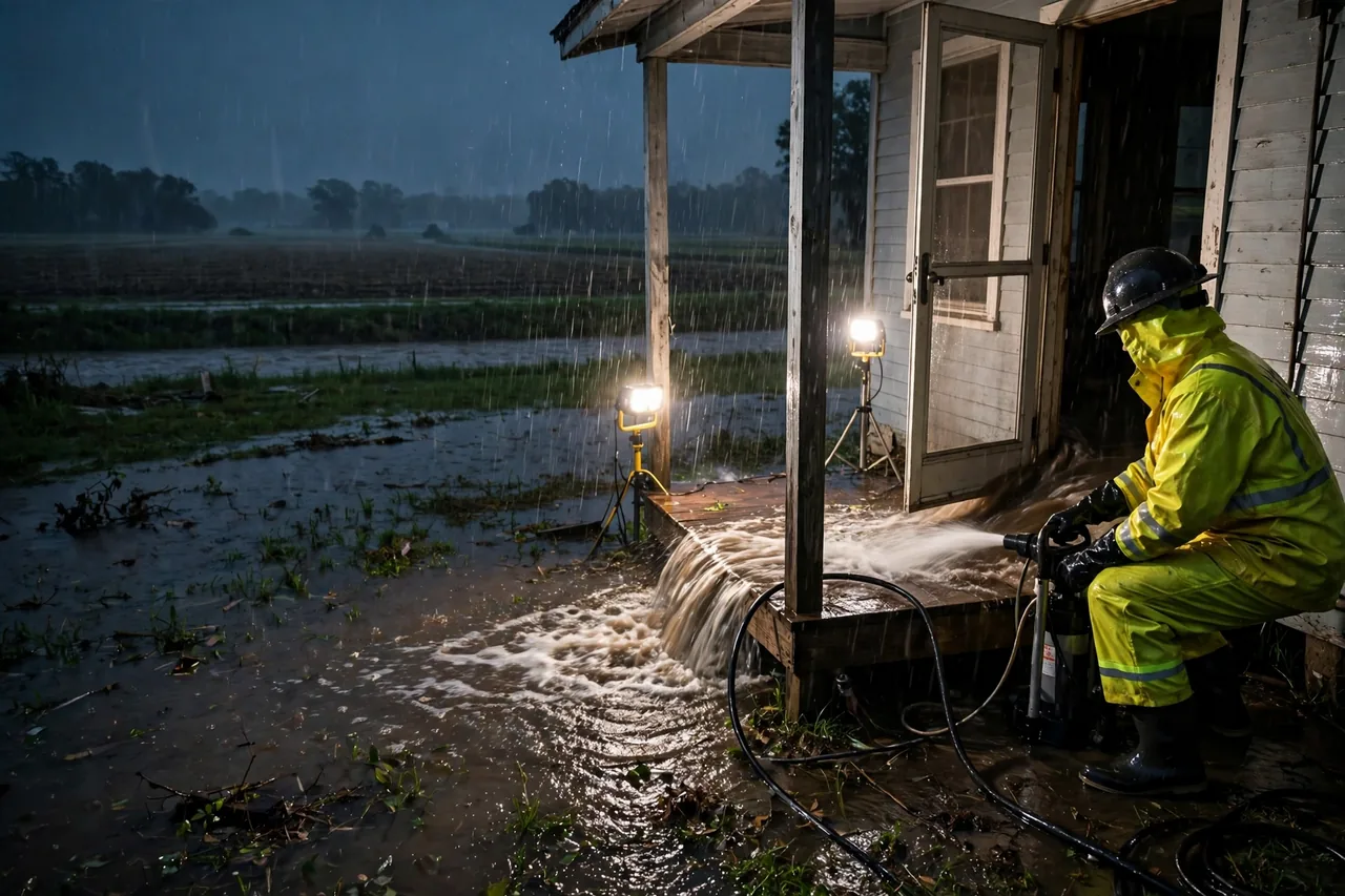 Emergency Flood Water Cleanup Erwinville, LA — pro pumping rising flood water out of a home at night