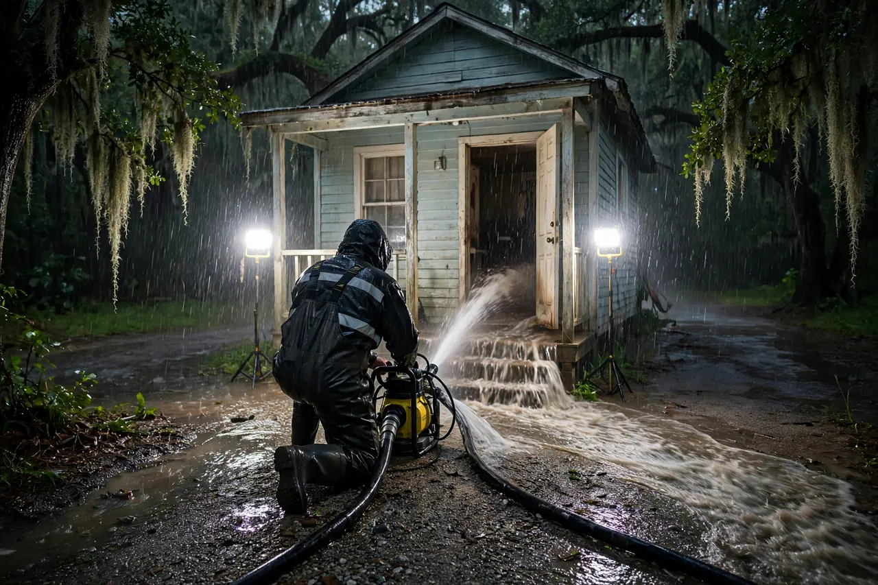 Emergency Flood Water Cleanup Ethel, LA — pro pumping rising flood water out of a home at night