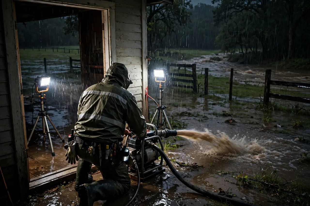 Emergency Flood Water Cleanup Folsom, LA — pro pumping rising flood water out of a home at night