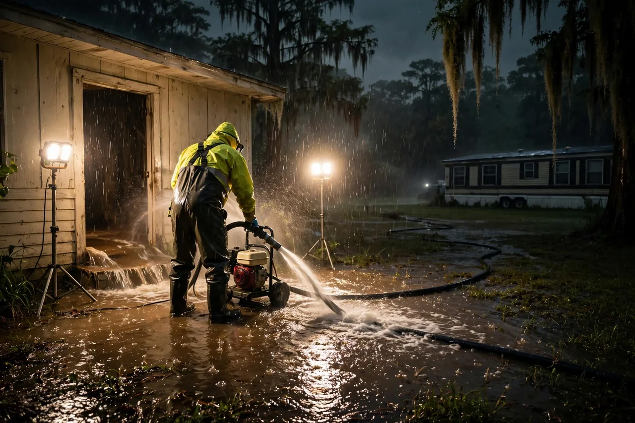 Emergency Flood Water Cleanup French Settlement, LA — pro pumping rising flood water out of a home at night