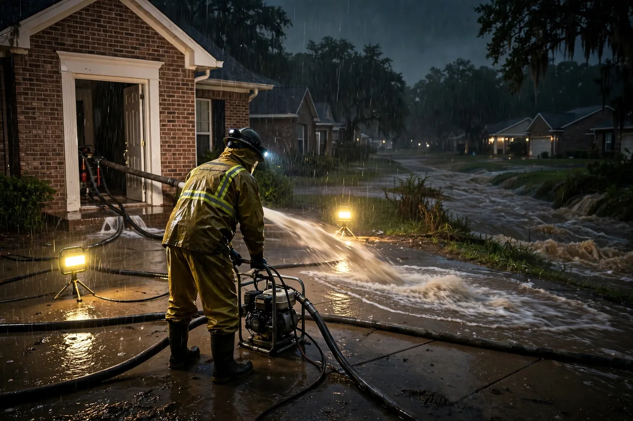 Emergency Flood Water Cleanup Geismar, LA — pro pumping rising flood water out of a home at night