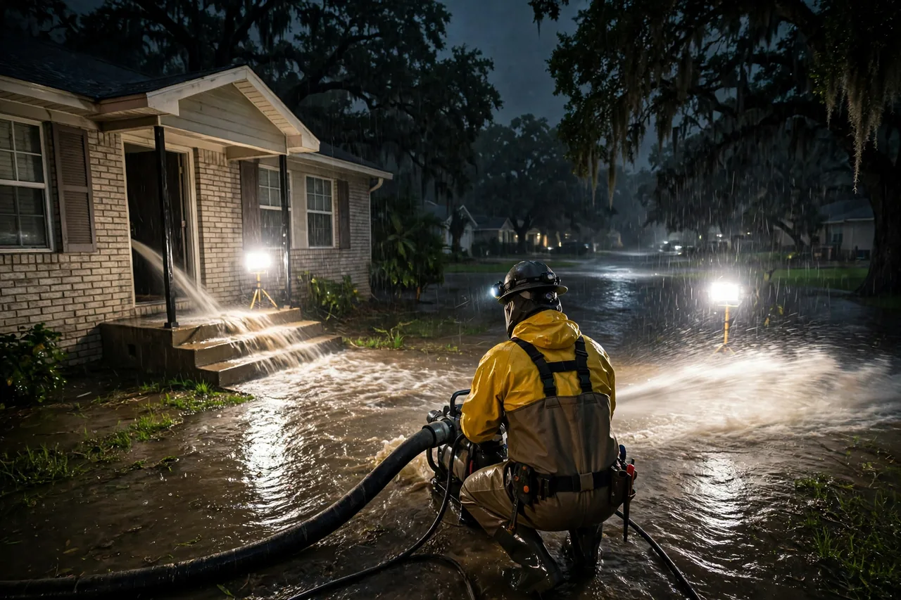Emergency Flood Water Cleanup Gonzales, LA — pro pumping rising flood water out of a home at night