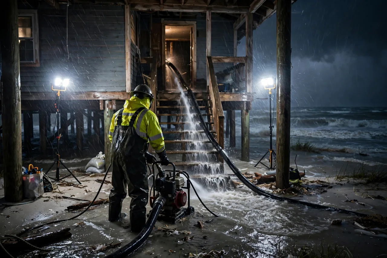 Emergency Flood Water Cleanup Grand Isle, LA — pro pumping rising flood water out of a home at night