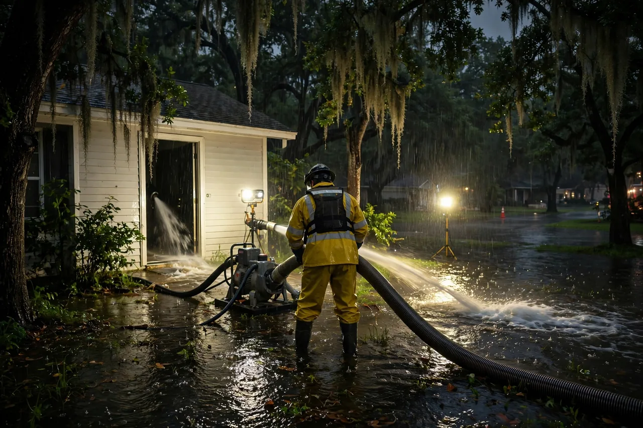 Emergency Flood Water Cleanup Greenwell Springs, LA — pro pumping rising flood water out of a home at night