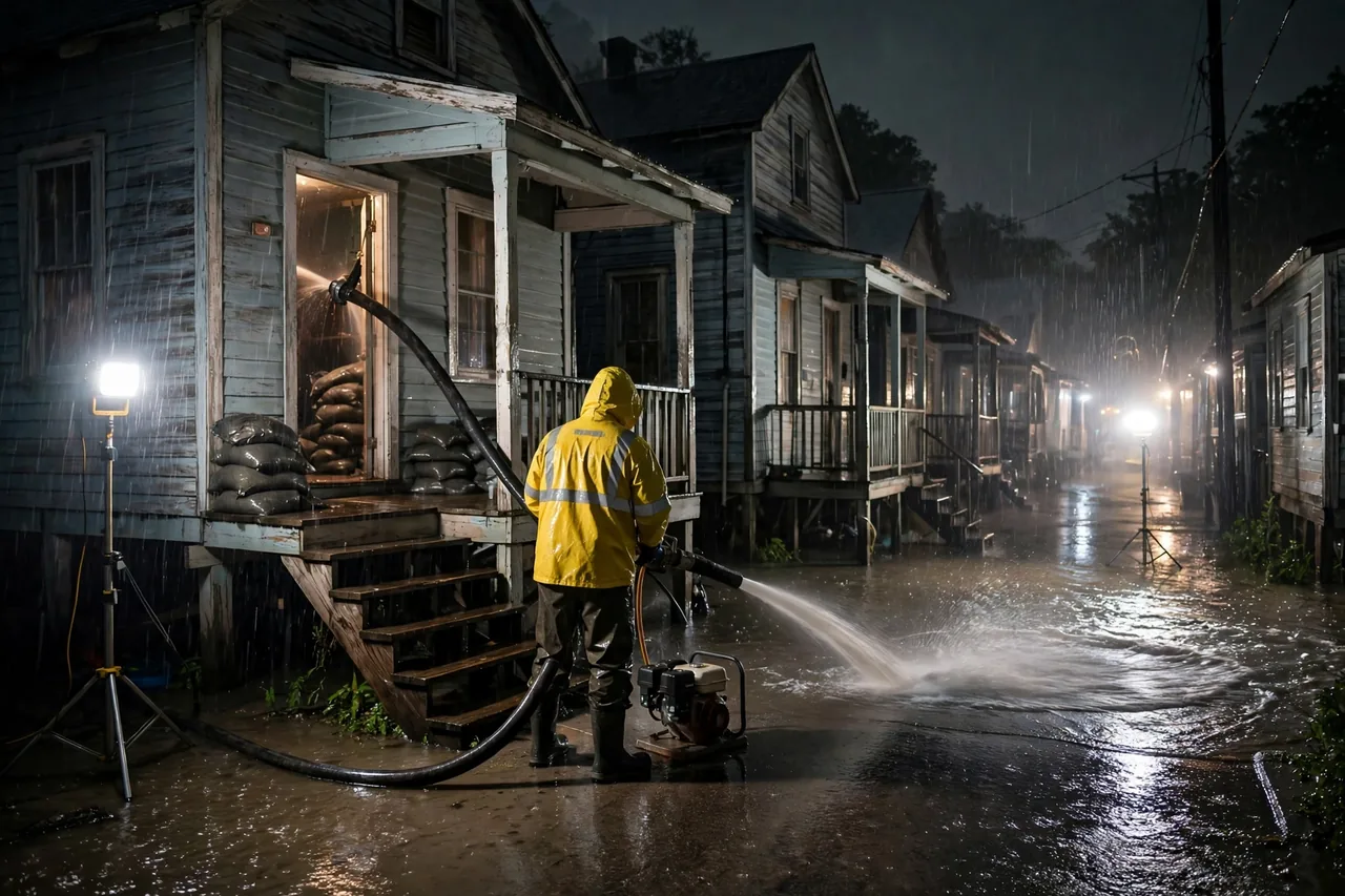 Emergency Flood Water Cleanup Gretna, LA — pro pumping rising flood water out of a home at night