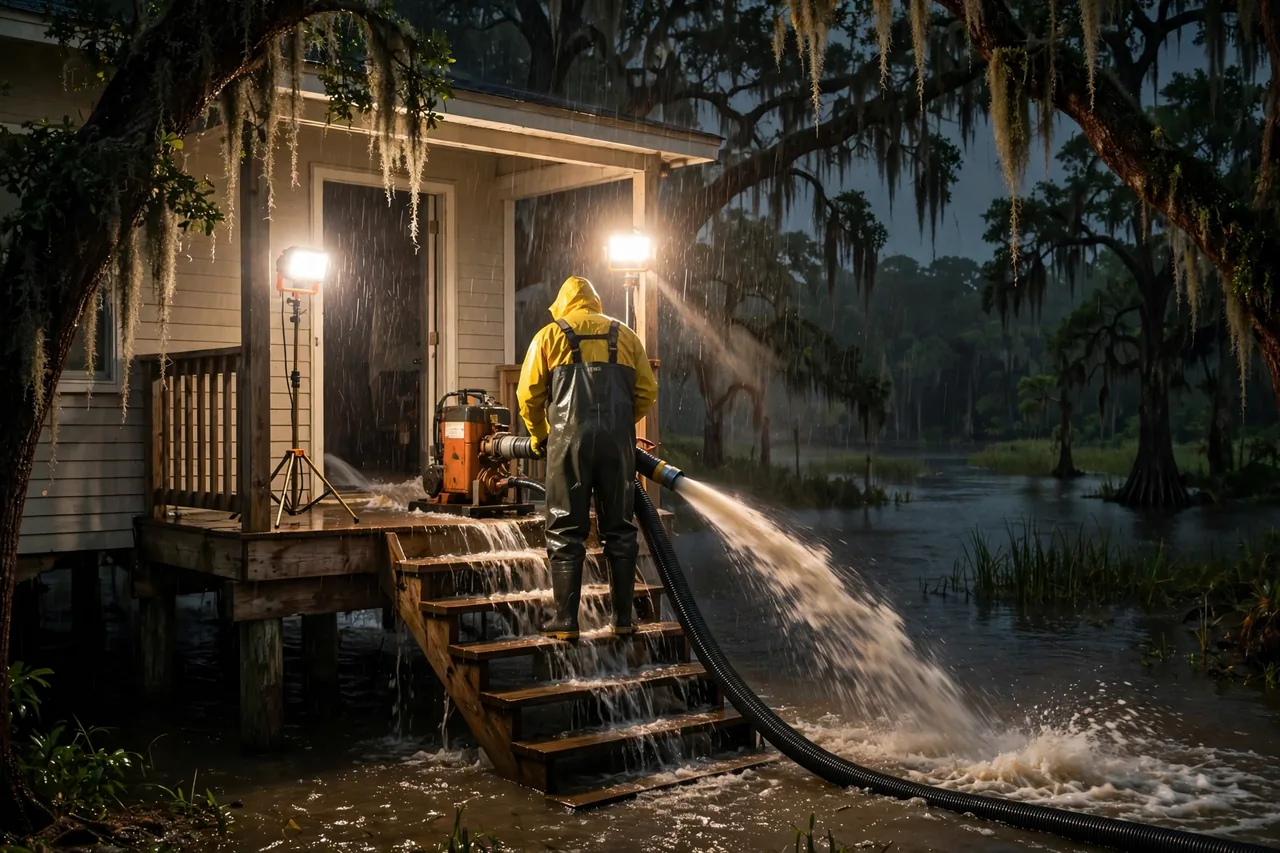 Emergency Flood Water Cleanup Grosse Tete, LA — pro pumping rising flood water out of a home at night