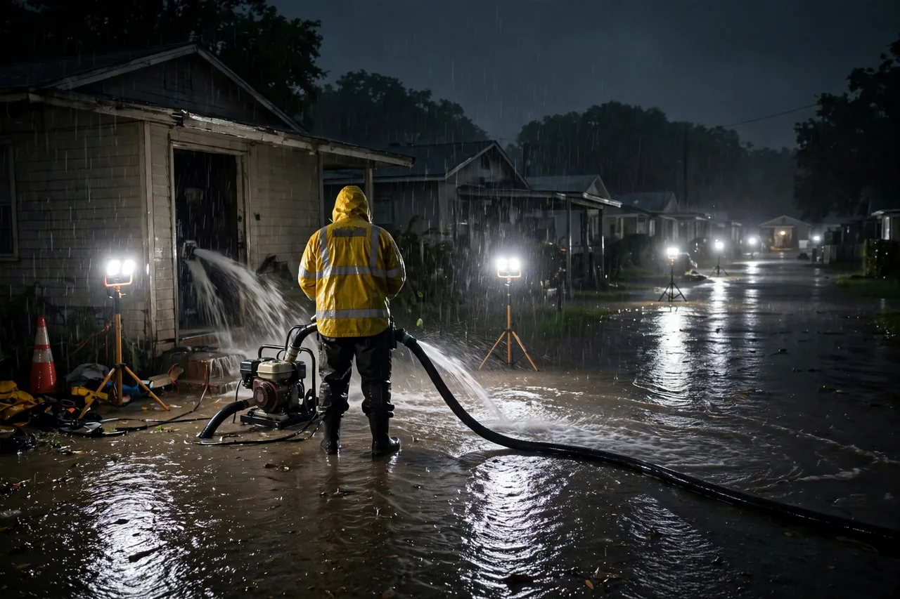 Emergency Flood Water Cleanup Hammond, LA — pro pumping rising flood water out of a home at night