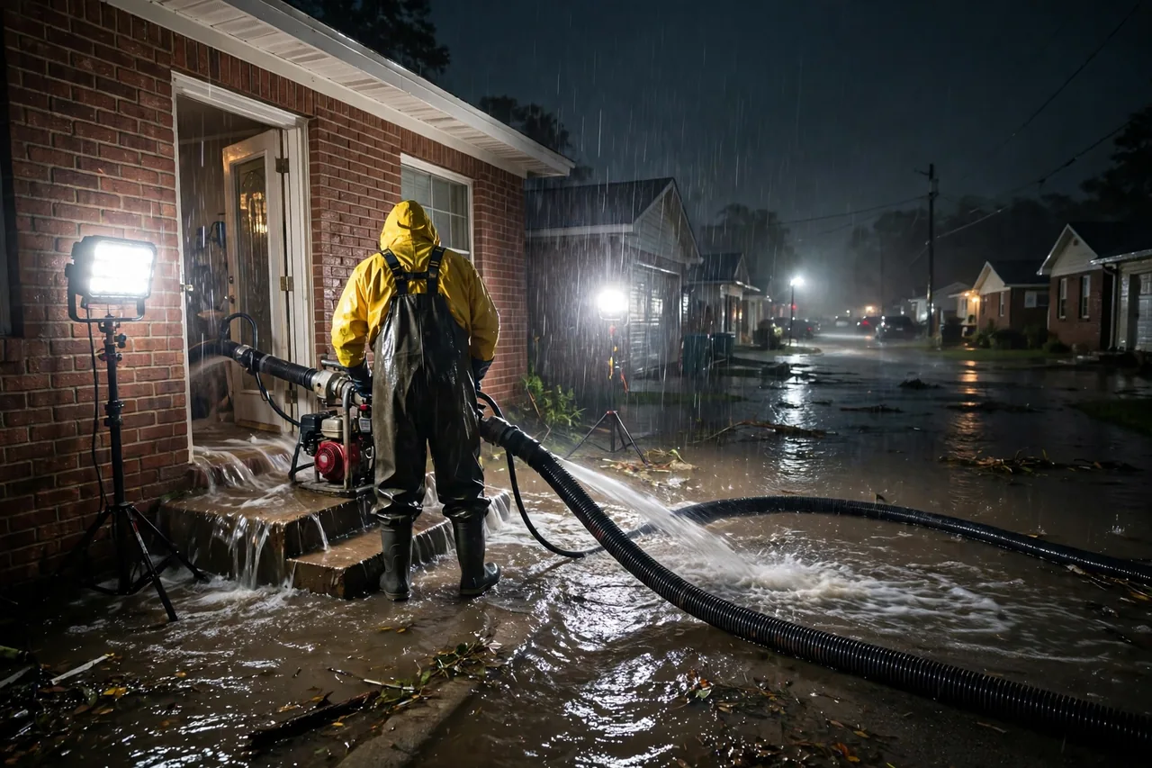Emergency Flood Water Cleanup Harvey, LA — pro pumping rising flood water out of a home at night