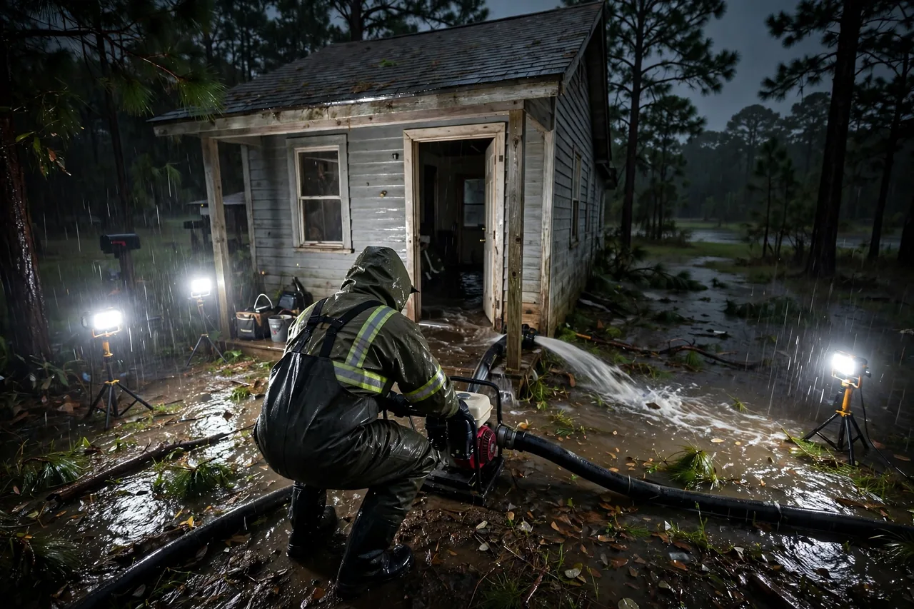 Emergency Flood Water Cleanup Holden, LA — pro pumping rising flood water out of a home at night