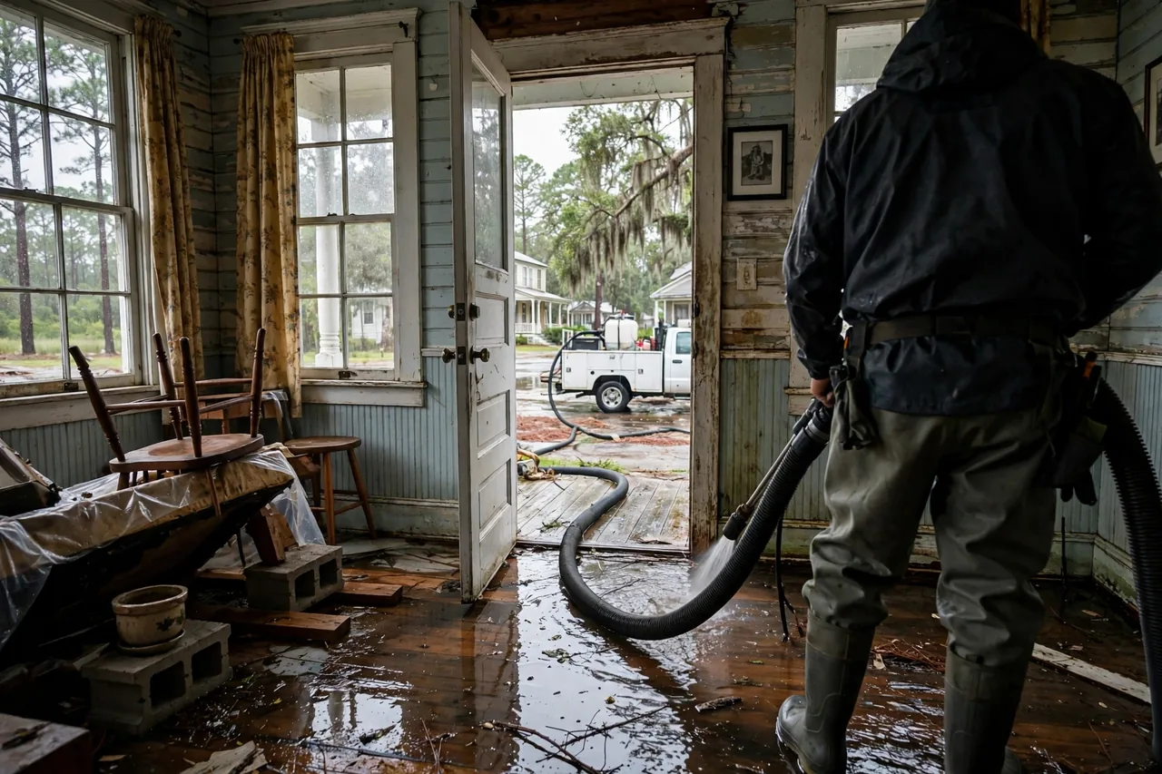 Flood Water Cleanup Abita Springs, LA — technician extracting flood water from a St. Tammany Parish home