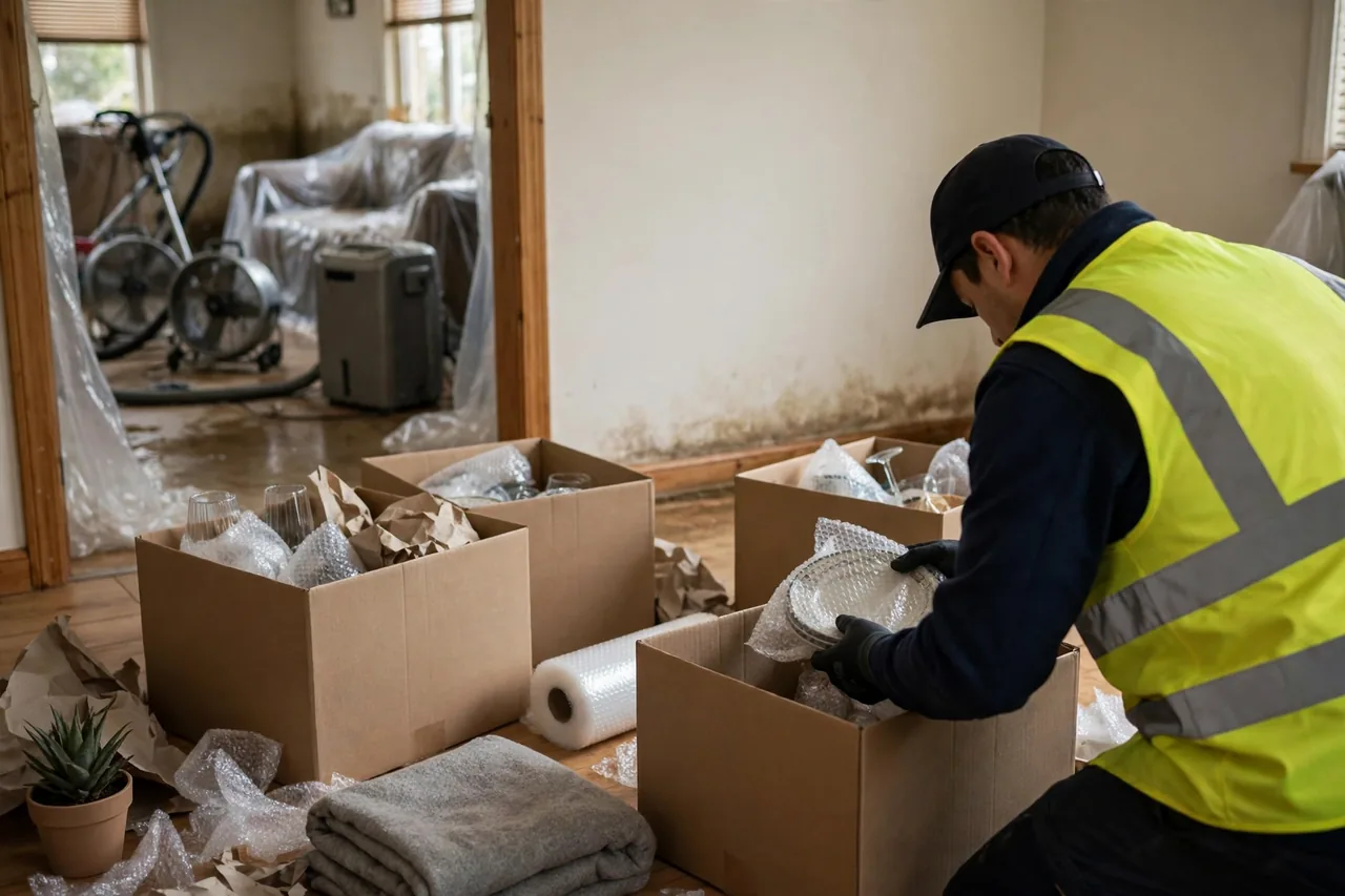 A flood cleanup pro carefully packing a homeowner's belongings during contents packout