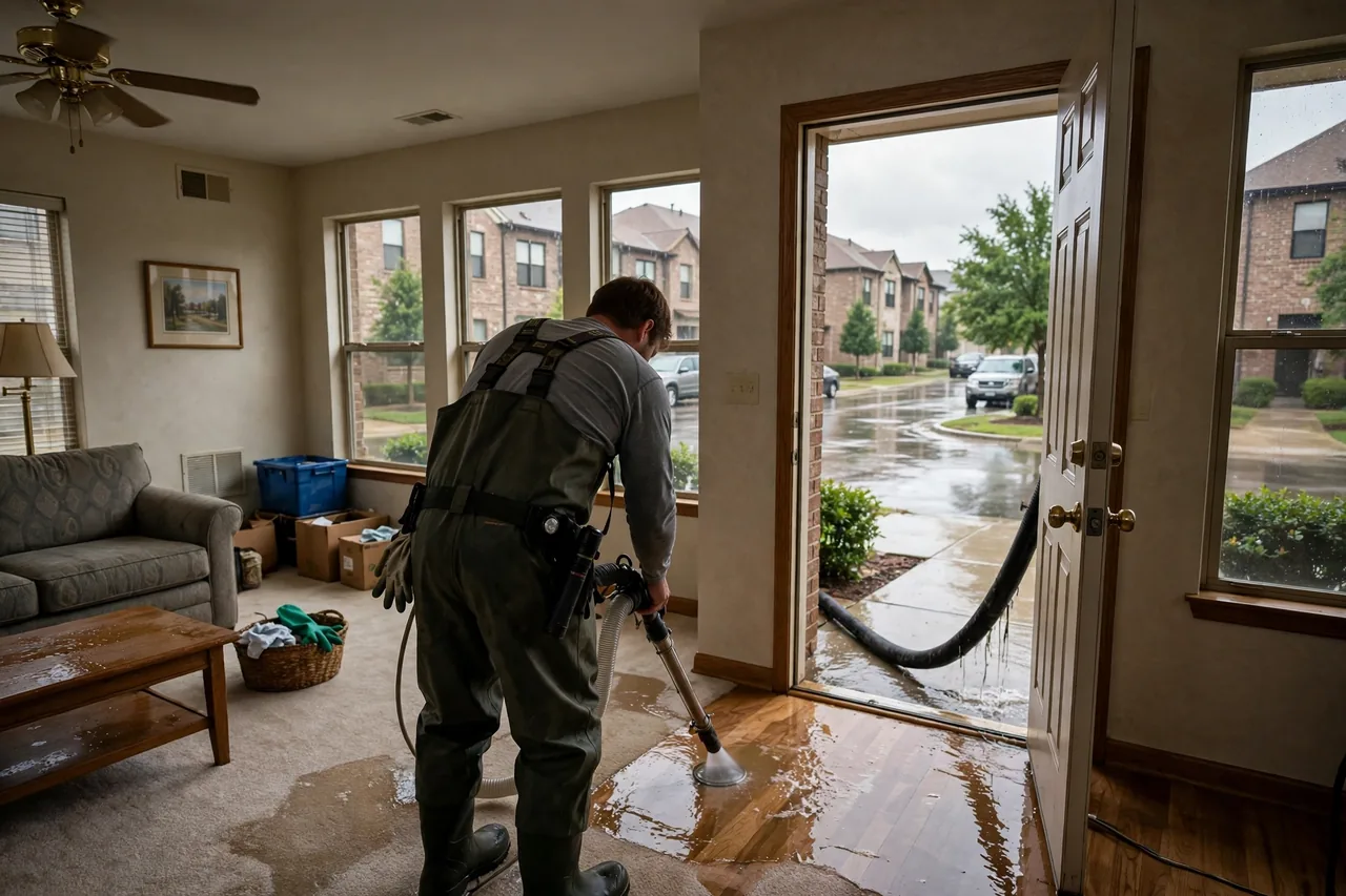Flood Water Cleanup Addison, TX — technician extracting flood water from a Dallas County home