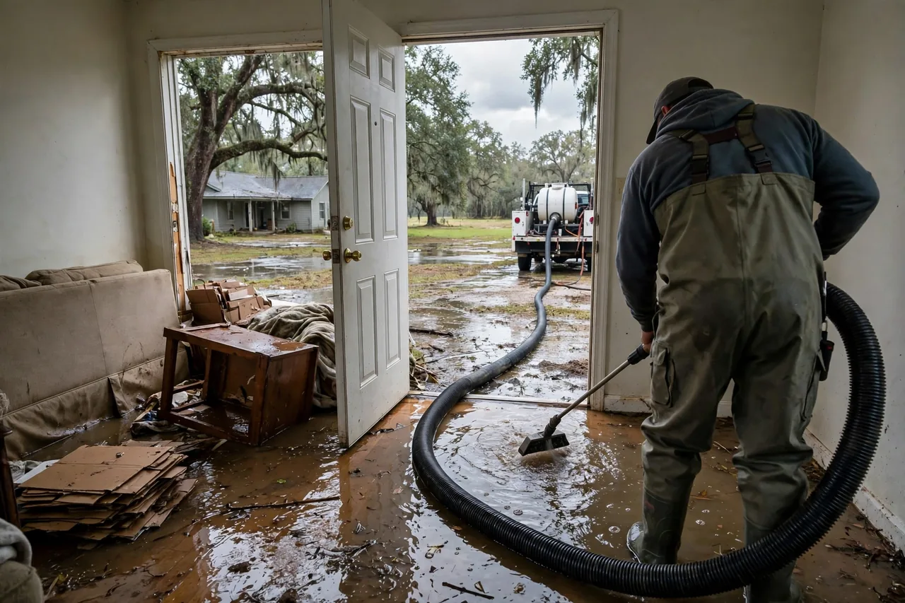 Flood Water Cleanup Albany, LA — technician extracting flood water from a Livingston Parish home