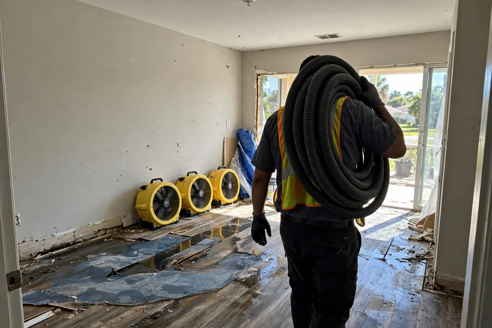 Flood Water Cleanup Altamonte Springs, FL — technician extracting flood water from a Seminole County home