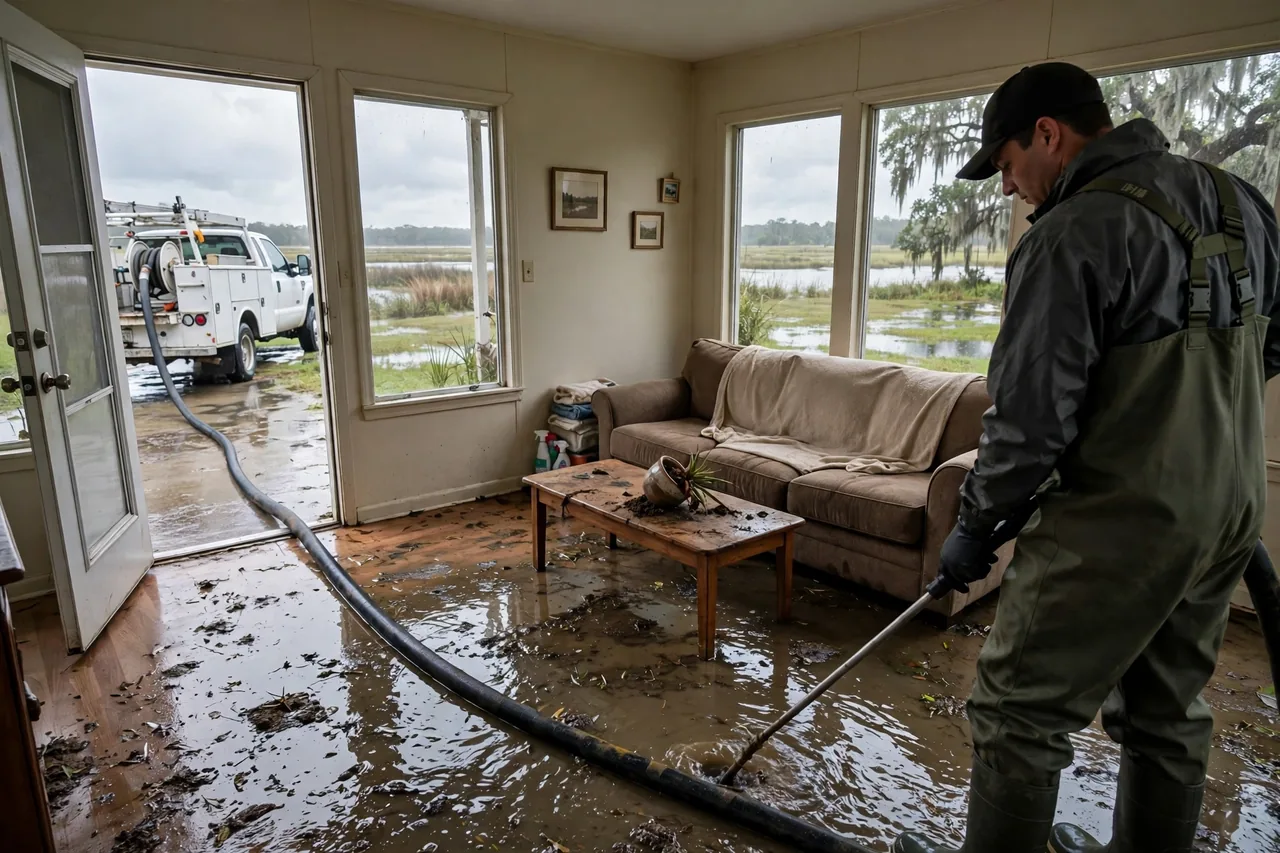Flood Water Cleanup Alvin, TX — technician extracting flood water from a Brazoria County home