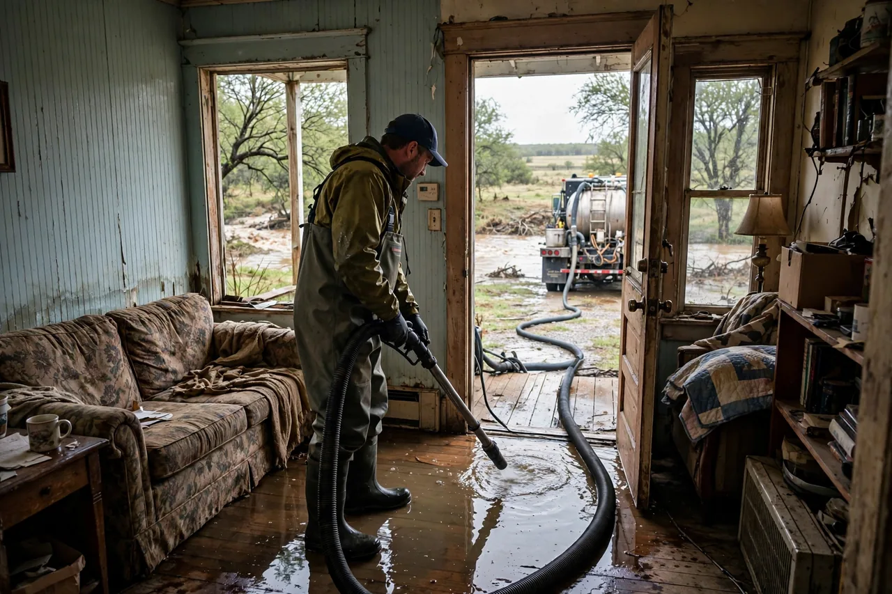 Flood Water Cleanup Alvord, TX — technician extracting flood water from a Wise County home