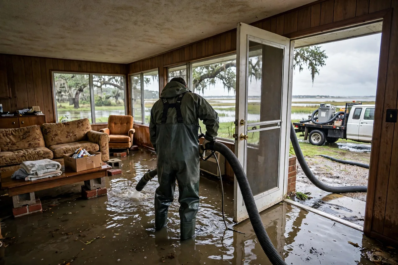 Flood Water Cleanup Anahuac, TX — technician extracting flood water from a Chambers County home