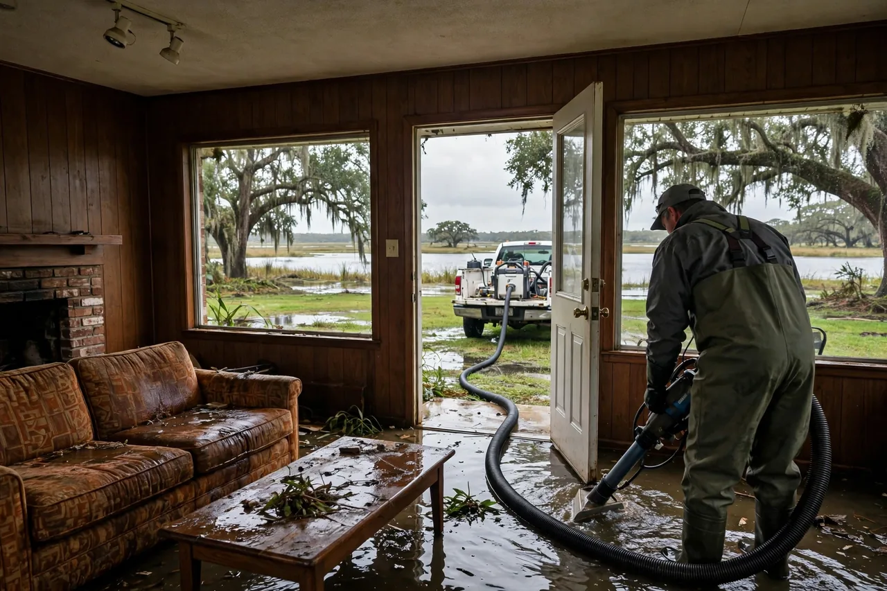 Flood Water Cleanup Angleton, TX — technician extracting flood water from a Brazoria County home